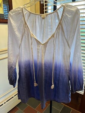 Women’s White to Blue Ombre Peasant Blouse with Tie Front